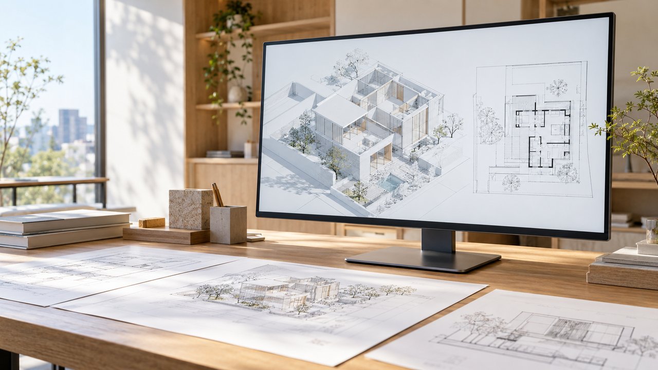 建物の模型と図面、ノートパソコンを前にした設計者